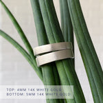 Yosemite flat stippled texture wedding bands in white gold in 2 widths: 4mm wide (top) and 5mm wide (bottom)