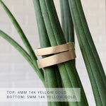 Yosemite flat stippled texture wedding bands in yellow gold in 2 widths: 4mm wide (top) and 5mm wide (bottom)