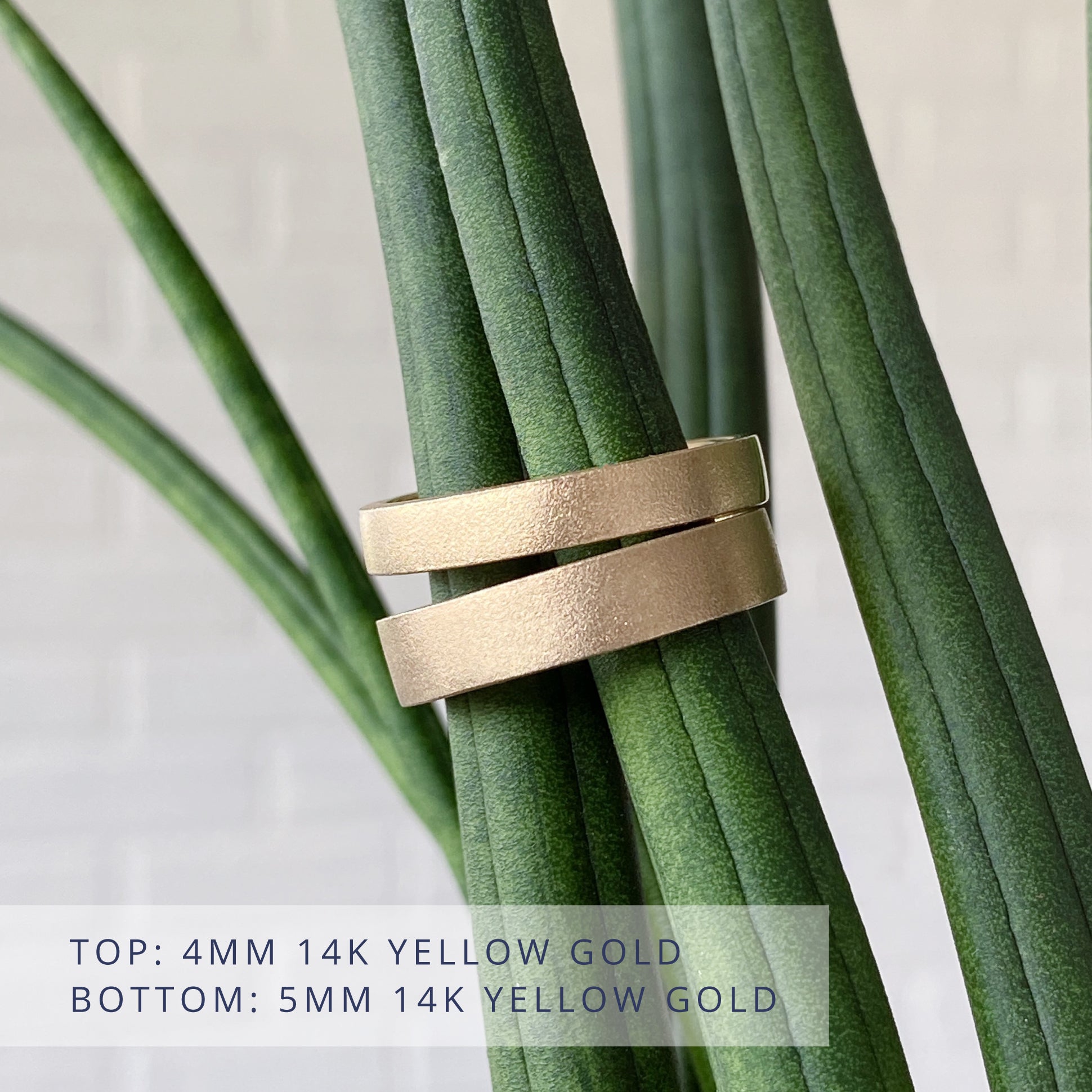 Yosemite flat stippled texture wedding bands in yellow gold in 2 widths: 4mm wide (top) and 5mm wide (bottom)