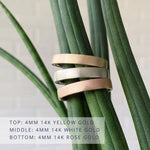 Yosemite flat stippled texture wedding bands 4mm wide in 3 colors: 14k yellow gold (top) 14k white gold (middle) 14k rose gold (bottom)