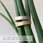 Yosemite flat stippled texture wedding bands 5mm wide in 2 colors: 14k white gold (top) 14k yellow gold (bottom)