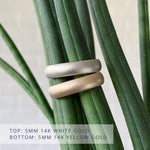 5mm Yosemite half round stippled texture wedding bands in 2 colors: 14k white gold (top) and 14k yellow gold (bottom)