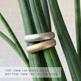 5mm Yosemite half round stippled texture wedding bands in 2 colors: 14k white gold (top) and 14k yellow gold (bottom)