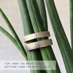Wide Zion flat vertical hammered 14k white gold wedding bands in 2 widths: 4mm wide (top) and 5mm wide (bottom)
