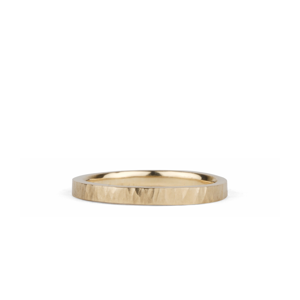 14k yellow gold vertical hammered flat Zion Band by Corey Egan