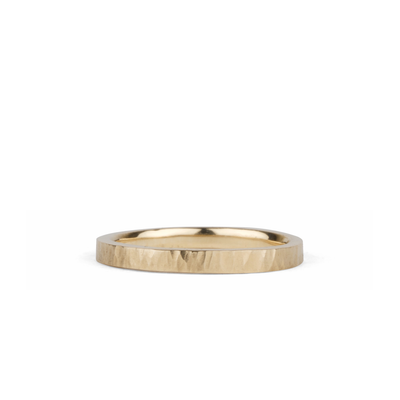 14k yellow gold vertical hammered flat Zion Band by Corey Egan