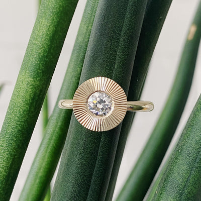 Round antique old European diamond in a 14k yellow gold Aurora ring with an engraved halo border on a plant