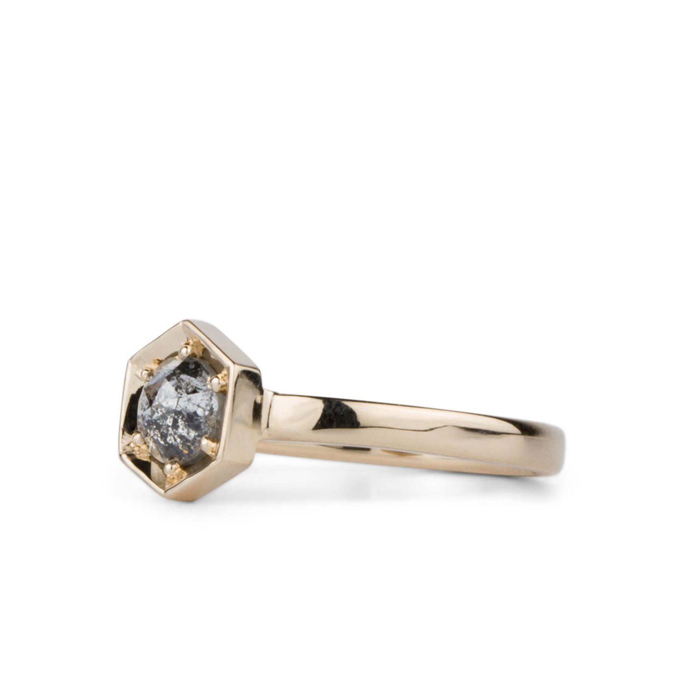 Lofted Issa Ring with Salt and Pepper Rose Cut Diamond side view on a white background by Corey Egan