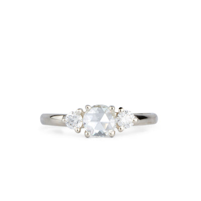 Rose Cut White Diamond Lenox Ring in White Gold on a white background by Corey Egan