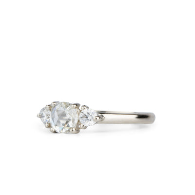 Rose Cut White Diamond Lenox Ring in White Gold side view on a white background by Corey Egan