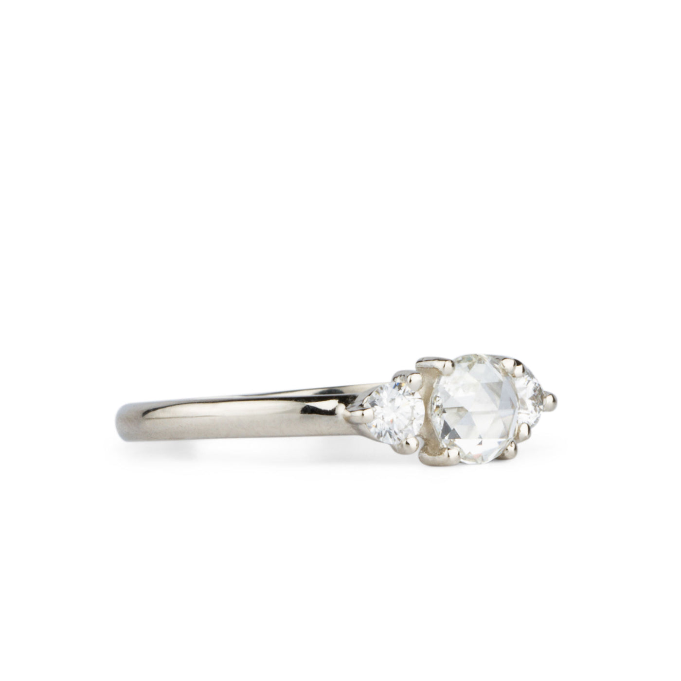 Rose Cut White Diamond Lenox Ring in White Gold side view on a white background by Corey Egan