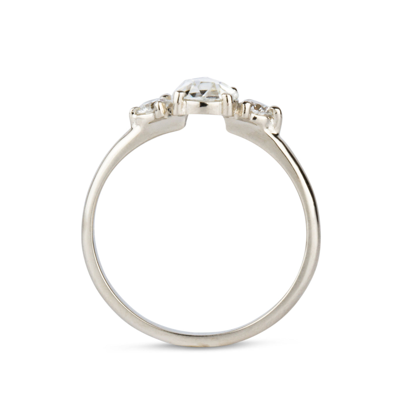 Rose Cut White Diamond Lenox Ring in White Gold profile view on a white background by Corey Egan