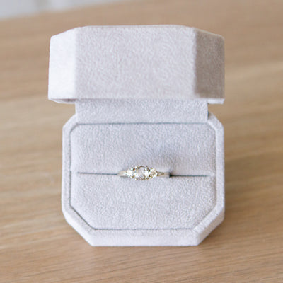 Rose Cut White Diamond Lenox Ring in White Gold in a ring box by Corey Egan