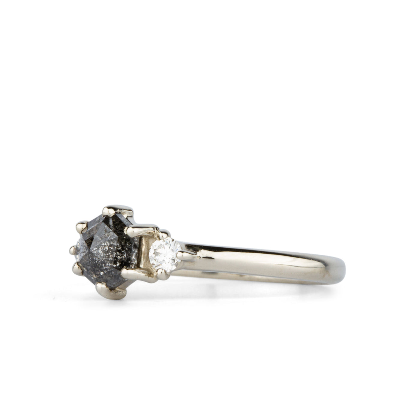 Hexagon Salt and Pepper Rose Cut Diamond Lenox Ring in 14K White Gold side view on a white background | Corey Egan