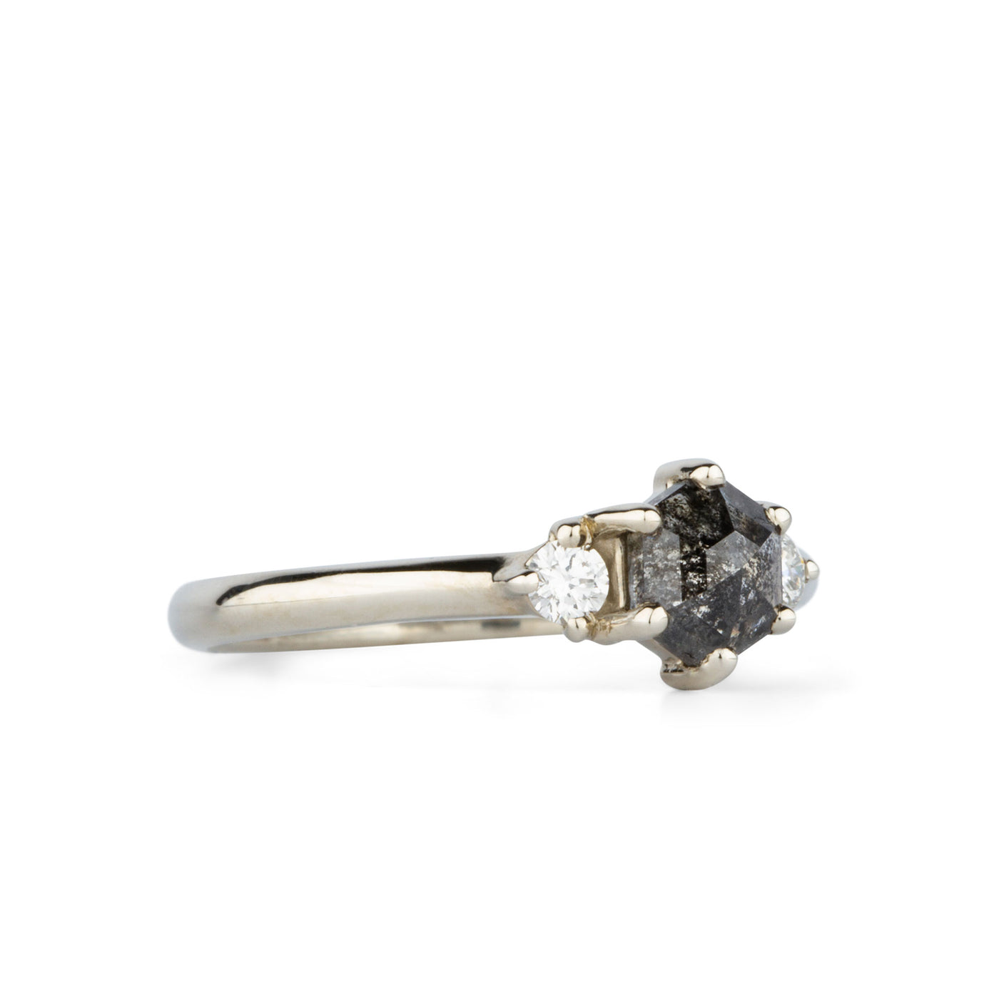 Hexagon Salt and Pepper Rose Cut Diamond Lenox Ring in 14K White Gold side view #2 on a white background | Corey Egan