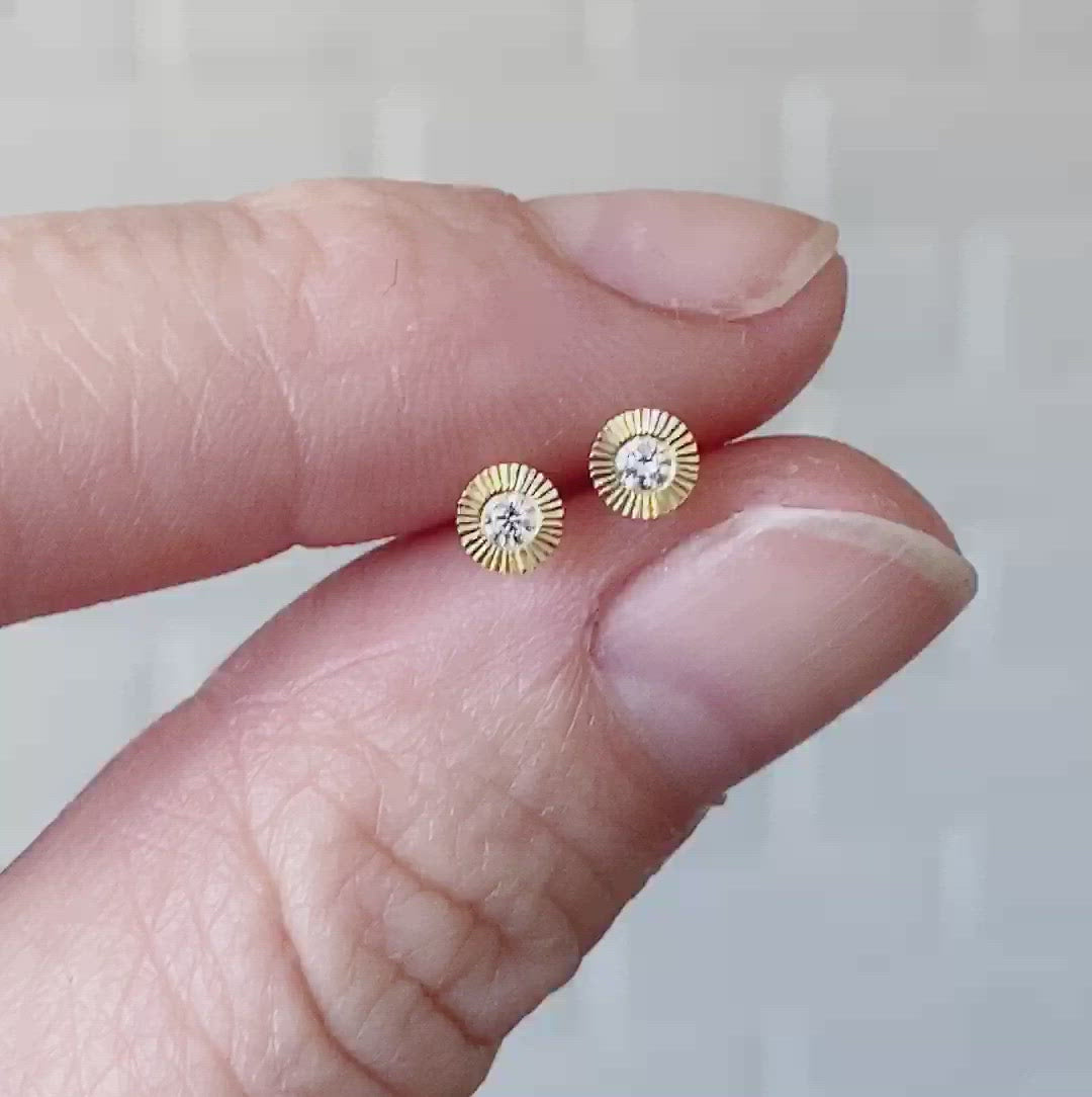 14k yellow gold small engraved Aurora stud earrings with white diamond centers